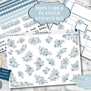May include: Printable planner sticker kit with blue floral designs. The kit includes 1 printable sheet with 25 stickers. The stickers are ready to print and cut. The kit also includes PNG files for Cricut and Silhouette.
