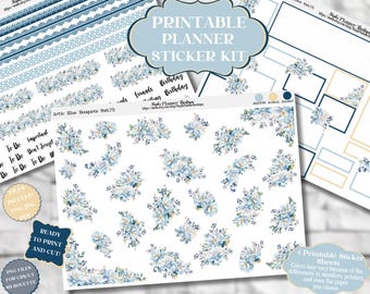 Artic Blue Floral Bouquets Planner Stickers (Printable Kit)