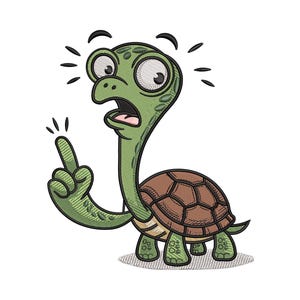Puede incluir: Una tortuga de dibujos animados con expresión de sorpresa, señalando hacia arriba con el dedo índice. La tortuga tiene cabeza y extremidades verdes, caparazón marrón y ojos grandes. La imagen es una ilustración digital.