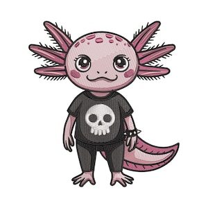 May include: An embroidered design of an axolotl wearing a black t-shirt with a skull graphic, black pants, and a studded wristband. The axolotl is pink and has feathery gills and a tail. The design is on a white background.