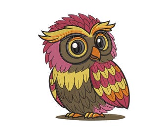 Op de afbeelding: Een kleurrijk geborduurd uilontwerp met grote, expressieve ogen. De uil heeft een mix van roze, geel, oranje en bruin. Het ontwerp staat op een witte achtergrond, met de uil op een kleine, bruine vlek.
