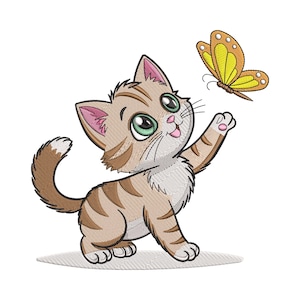 May include: An embroidered design of a playful kitten reaching for a yellow and orange butterfly. The kitten has brown and tan stripes, green eyes, and pink accents on its ears and paws. The butterfly has orange and yellow wings.