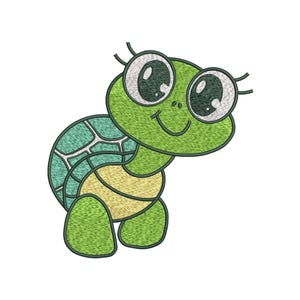 May include: A cartoon turtle with a friendly expression. The turtle has a green head and legs, a teal and green shell, and a yellow belly. It has large, expressive eyes and a smiling mouth. The image is set against a white background.
