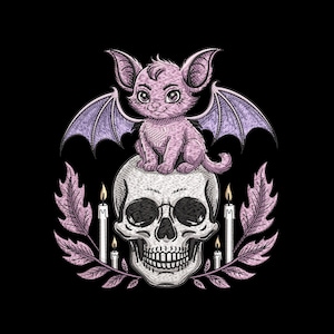 May include: A detailed illustration on a black background features a pink bat-like creature with purple wings atop a skull. The skull is surrounded by candles and leaves in shades of pink and purple.