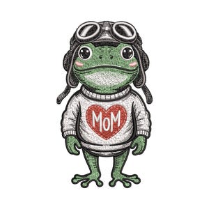 May include: Embroidered illustration of a green frog wearing a vintage aviator helmet and a white sweater. The sweater features a red heart with the word "MOM" embroidered in the center. The frog has large, expressive eyes.