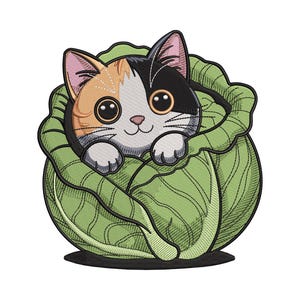 May include: An embroidered patch featuring a calico cat peeking out of a green cabbage. The cat has orange, white, and black fur with large, expressive eyes. The cabbage is detailed with shading and lines.
