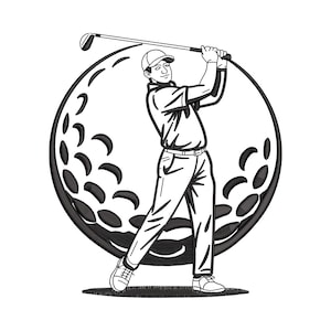 May include: Black and white illustration of a golfer mid-swing, set against a golf ball design. The golfer is wearing a cap, polo shirt, and pants, holding a golf club. The golf ball graphic is a large, textured circle.