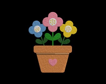 Floral Pot Flowers Embroidery Design, Kawaii Nursery Machine Embroidery File – DST PES JEF, 9 Sizes.