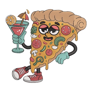May include: Embroidered design of a pizza slice with a face, holding a cocktail with an orange slice and umbrella. The pizza has pepperoni, mushrooms, and green peppers. It wears red sneakers and blue gloves.