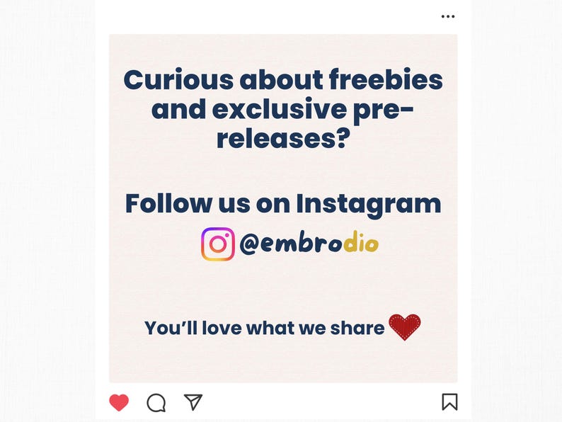 May include: A social media post with text asking if you are curious about freebies and exclusive pre-releases. It encourages users to follow on Instagram @embrodio. A red heart graphic is at the bottom. The background is a light beige color.