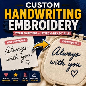 Puede incluir: Un gráfico digital que muestra servicios de bordado de escritura a mano personalizada. El texto dice CUSTOM HANDWRITING EMBROIDERY, YOUR WRITING STITCH-READY FILE y Always with you con un corazón. Una flecha apunta hacia un bastidor de bordado.