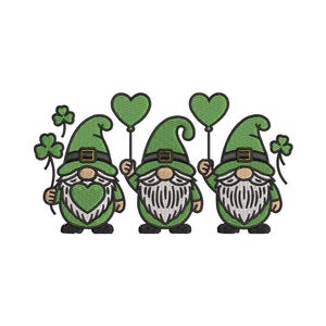 May include: Three embroidered gnomes with green hats, beards, and belts. Each gnome holds a green heart-shaped balloon or a shamrock. The design is perfect for St. Patrick's Day.