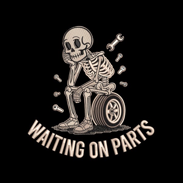 Motif de broderie mécanique squelette en attente de pièces, fichier de broderie Machine garage voiture drôle – DST PES JEF, 9 tailles