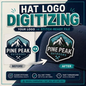 Op de afbeelding: Een digitale afbeelding voor logo-digitaliseringsdiensten voor petten. Het toont een voor-en-na vergelijking van het Pine Peak Outdoors-logo, met een berg- en dennenboomontwerp, geborduurd als een patch op een marineblauwe pet.