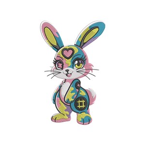 May include: An embroidered bunny design in vibrant colours, featuring a heart on its forehead. The bunny has a patchwork pattern in pink, yellow, blue, and green. The design is set against a white background.