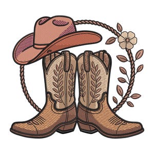 Rustic Cowboy Boots and Hat Embroidery Design – Western Country Machine Embroidery File, Floral Rope Accent, PES DST, 9 Sizes