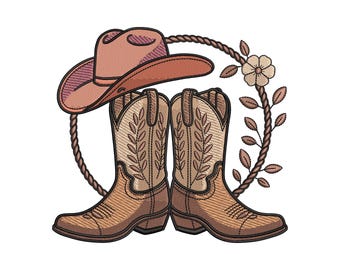 Rustic Cowboy Boots and Hat Embroidery Design – Western Country Machine Embroidery File, Floral Rope Accent, PES DST, 9 Sizes
