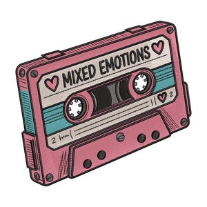 May include: Pink cassette tape with the words "MIXED EMOTIONS" in black, along with heart symbols. The tape has a teal and white stripe design. The cassette tape is a retro design.
