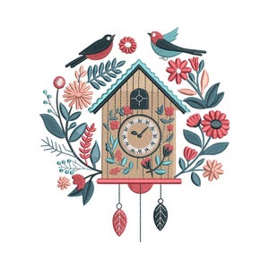 May include: Embroidered design of a cuckoo clock with a floral wreath and two birds. The clock is beige with a teal roof and red accents. The clock face has a compass design. The birds are red and black, and red and teal.
