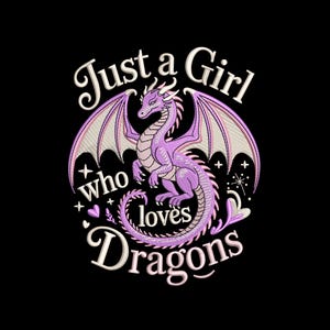 Wzór haftu "Po prostu dziewczyna, która kocha smoki", uroczy cytat z fantasy smoka, dziecięca bluza z kapturem, plik do haftu maszynowego PES DST