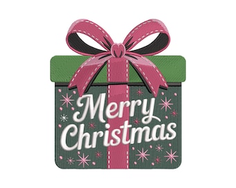 Op de afbeelding: Een groene en roze kerstcadeaudoos met een roze strik. Op de doos staat in witte letters "Merry Christmas". Roze sterrenbarsten zijn verspreid rond de tekst.