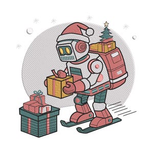 May include: A festive illustration of a robot wearing a Santa hat and skis, carrying gifts. The robot is red, white, and teal, with a backpack holding a small Christmas tree. Additional gifts are stacked nearby, suggesting a holiday theme.