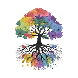 May include: An embroidered tree design with a rainbow-colored crown and roots. The tree trunk and branches are black, while the leaves and roots are filled with vibrant hues of red, orange, yellow, green, blue, and purple. The design is on a white background.