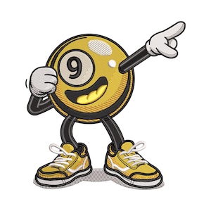 Puede incluir: Parche bordado con un personaje de bola de billar número 9 de estilo caricatura. El personaje tiene una cara amarilla, una boca sonriente, zapatillas amarillas y guantes blancos. El personaje está señalando con su mano derecha.