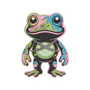 May include: Embroidered frog patch with a chain around its chest. The frog has a black body, green, pink, and blue accents, and large, expressive eyes. The patch is likely for clothing or accessories.