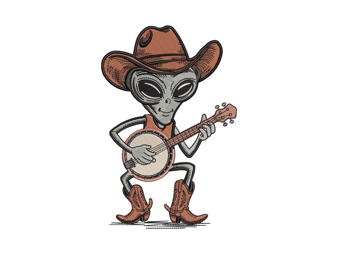 Cowboy Alien Embroidery Design – Funny Banjo Playing Alien, Western Sci ...