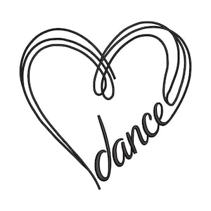 May include: Black line art of a heart shape with the word "dance" in cursive script. The heart is formed by three curved lines, creating a simple yet elegant design. The word "dance" is written in a flowing, stylized font.