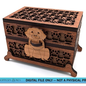 May include: A wooden box with a cutout design of paw prints and a golden retriever dog. The box has a hinged lid and is made of dark wood. The box is a decorative storage box.