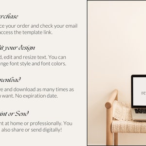 May include: A laptop sits on a woven chair, displaying the "realcraft 21" logo. The image features a step-by-step guide: Purchase, Edit your design, Download, and Print or Send. The text explains how to access, customize, and use a template.