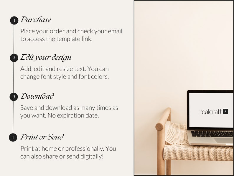 May include: A laptop sits on a woven chair, displaying the "realcraft 21" logo. The image features a step-by-step guide: Purchase, Edit your design, Download, and Print or Send. The text explains how to access, customize, and use a template.