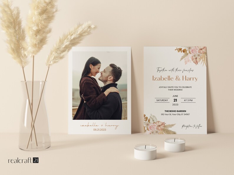 May include: Wedding invitation suite featuring a photograph of a couple and a floral design. The invitation includes the names Izabelle & Harry, wedding date, time, and venue. The design incorporates dried flowers and pampas grass, with two white candles in the foreground.