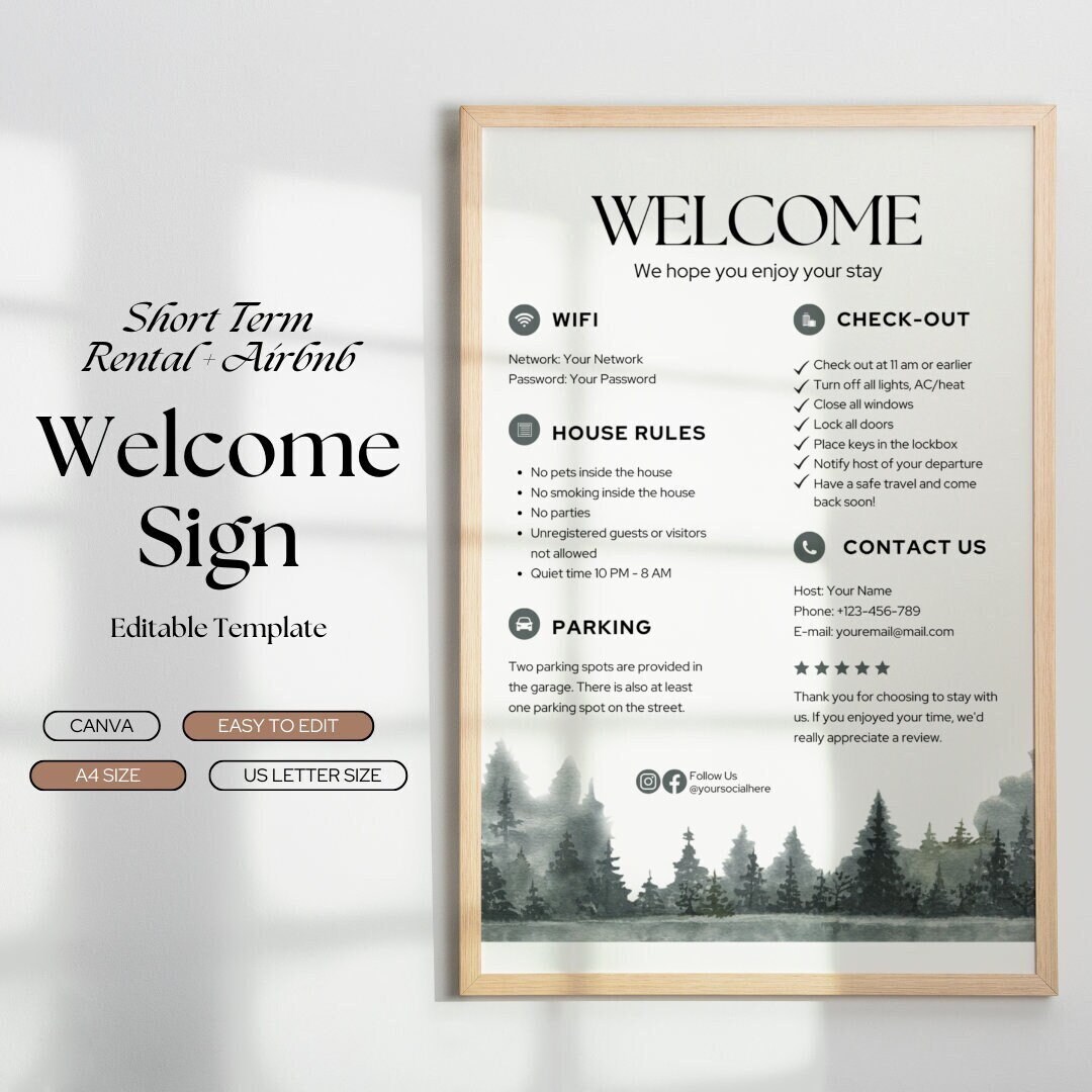 Welcome Sign for Airbnb Hosts, Vacation Rental Signage, Editable Canva ...