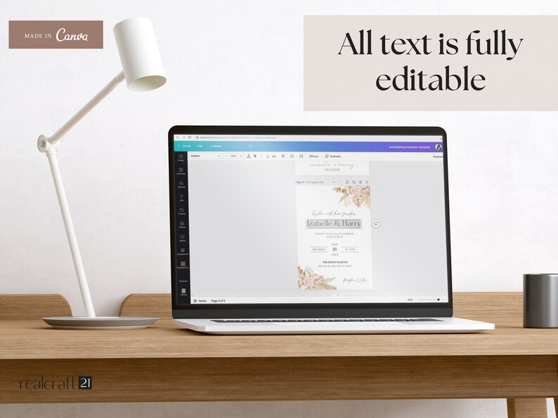 May include: A laptop displaying a wedding invitation template with floral accents and the text "Izabelle & Harry." The screen also shows the text "All text is fully editable." A white desk lamp and a gray mug are also visible.