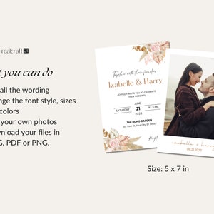 May include: A wedding invitation design featuring a photo and text. The invitation includes the names Izabelle & Harry, event details, and a photo. The size is 5 x 7 inches. The design includes floral elements and the text "What you can do".
