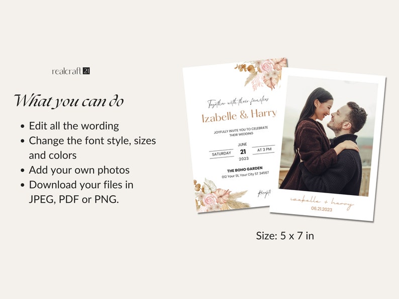 May include: A wedding invitation design featuring a photo and text. The invitation includes the names Izabelle & Harry, event details, and a photo. The size is 5 x 7 inches. The design includes floral elements and the text "What you can do".