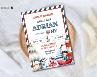 Editable Nautical Birthday Invitation Template, Canva Boat Party Invite, Sailor Theme Birthday, Printable Digital Download, Digital Template