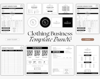 Editable Clothing Business Bundle, T-Shirt Hoodie Order Forms, Price List, Editable Logo, Invoice, Order Tracker, Care and Thank You Cards