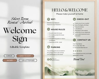 Airbnb Welcome Sign For Hosts, Aesthetic Vacation Rental Signage, Guest Arrival Poster, Easy to Edit Canva Template, WIFI, Parking, VRBO