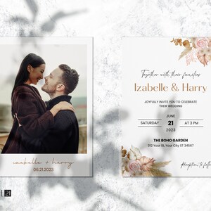 May include: Wedding invitation and photo card set. The photo card features a couple embracing, with the names "Izabelle + Harry" and the date "06.21.2023". The invitation includes text "Izabelle & Harry" and wedding details, with floral accents.