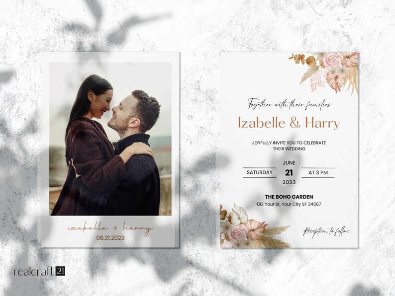 May include: Wedding invitation and photo card set. The photo card features a couple embracing, with the names "Izabelle + Harry" and the date "06.21.2023". The invitation includes text "Izabelle & Harry" and wedding details, with floral accents.