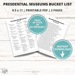 Liste de contrôle des musées présidentiels, Liste imprimable, Suivi des vacances, Bibliothèques présidentielles, Présidents des États-Unis 2023, Destinations de road trip