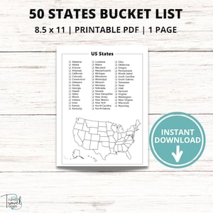 United States Bucket List Printable, USA Bucket List, 50 States Checklist PDF, Travel Bucket List, Travel Journal Page, Road Trip Activity
