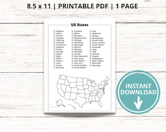 United States Bucket List Printable, USA Bucket List, 50 States Checklist PDF, Travel Bucket List, Travel Journal Page, Road Trip Activity