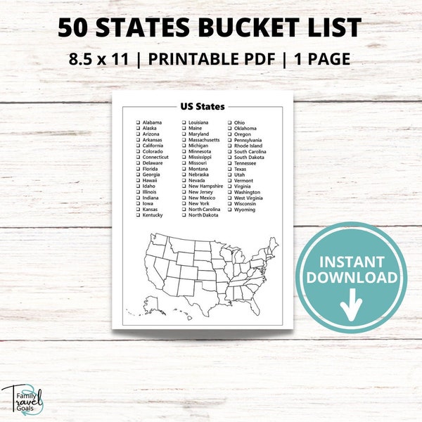 United States Bucket List Printable, USA Bucket List, 50 States Checklist PDF, Travel Bucket List, Travel Journal Page, Road Trip Activity