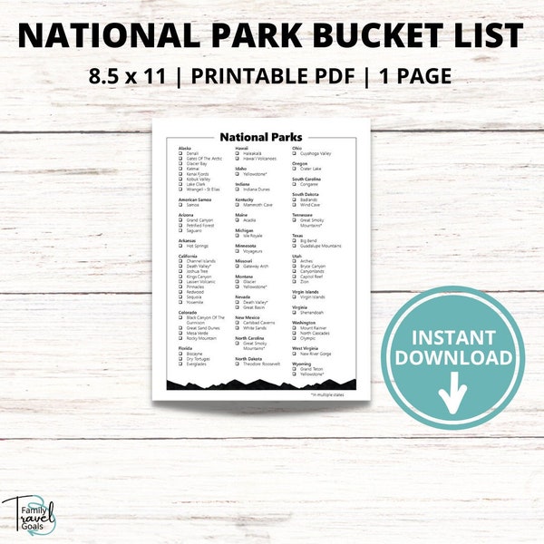 US National Parks Checklist, Printable Bucket List, Vacation Tracker, 63 Parks, 2022 List, Road Trip Journal Page, Travel Journal Parks List