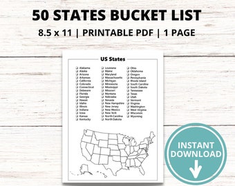 United States Bucket List Printable, USA Bucket List, 50 States Checklist PDF, Travel Bucket List, Travel Journal Page, Road Trip Activity